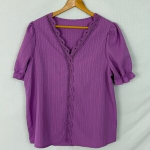 Shein Fuchsia V-neck Blouse with Puff Sleeve Size Large